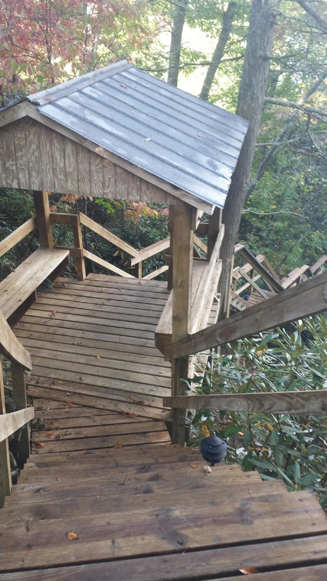 Metal roofed shelter over wooden steps on a wooded walkway — Skylight Repair & Installation work by our crew in Howard City